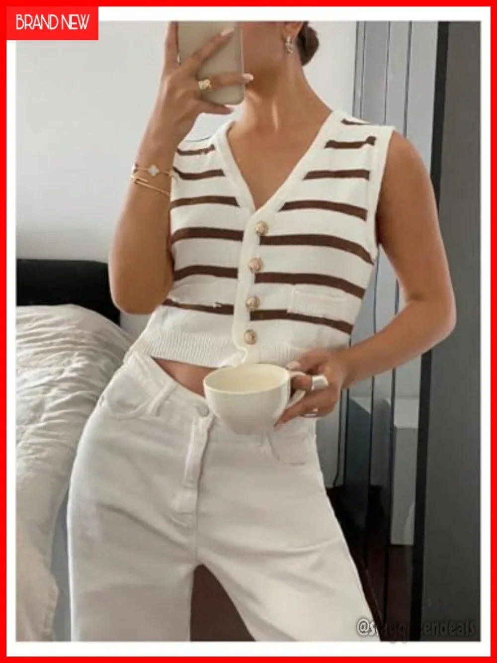 Striped Button Up Cropped Sweater Vest Sleeveless V Neck Knit Tank Top
